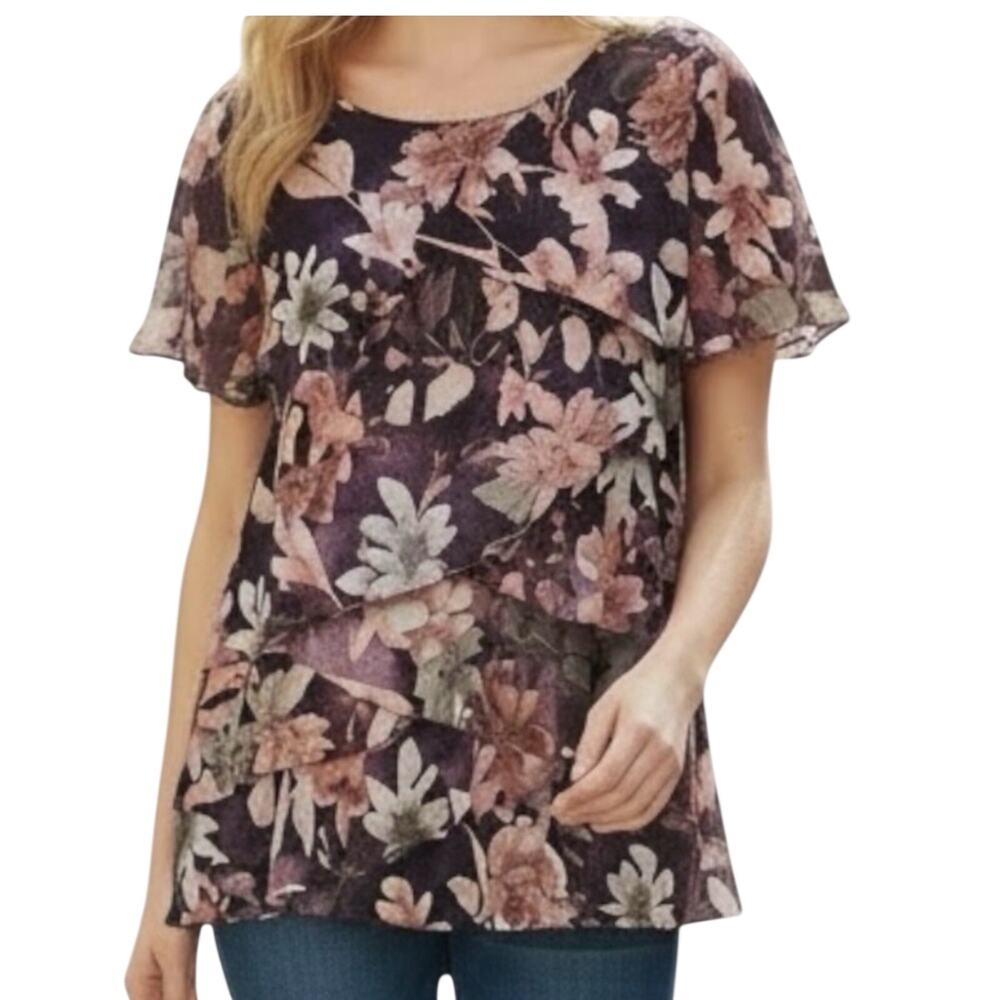 NEW Semi Sheer Lined Burgundy Tiered‎ Ruffle floral Blouse Whimsigoth Office L